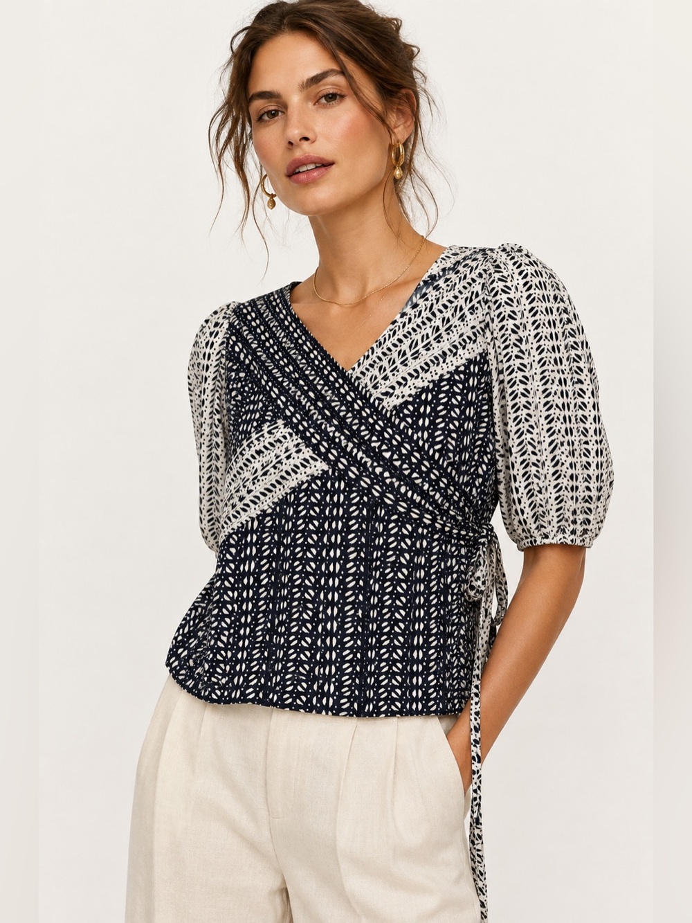 Tanya Taylor Criss Cross Mixed Print Tie Blouse